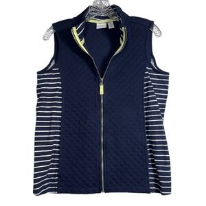 Weekends by Chico's Sz 1 (S/M) Womens Navy Blue White Stripe Quilted Vest Resort